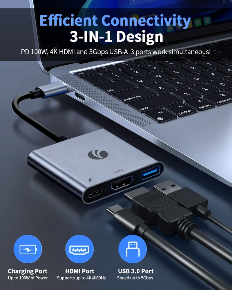 Vcom USB-C to HDMI Adapter, 3-in-1 4K@60Hz HDMI Adapter with 100W PD Charging & 5Gbps USB 3.0 Port, USB Hub Multiport for MacBook, iPad, iPhone 16 Pro Samsung S24/23, Chromebook (Grey（3-in-1) - Image 2